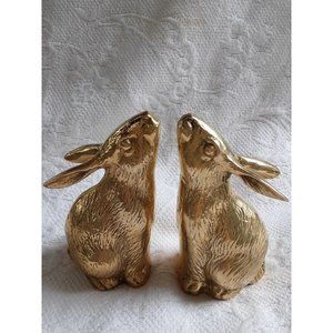 1970s  Pair Small 5” Detailed Brass Metal Bunny Rabbit Bookends. Very Heavy.